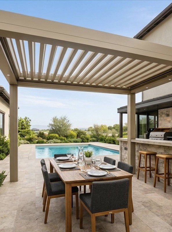 Magnifique pergolas bioclimatique brun lacté en aluminium Technal, lumière intégrée installée à Belcodène