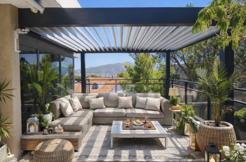 pergola bioclimatique en aluminium sur mesure sur rooftop à Marseille