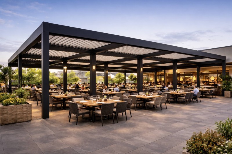 pergolas bioclimatique noir ultra en aluminuim Technal XXXL pour la grande terrasse ce restaurant près de Cassis 2