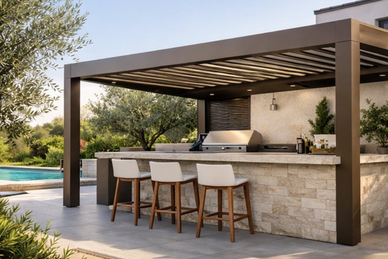 Installation d'une pergolas de couleur Dakar R-Brown bioclimatique en aluminium Technal à Belcodène pour l'installation d'une cuisine d'été