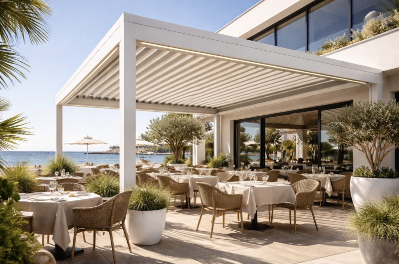 pergolas en aluminium Technal Blanc texturé pour un restaurant en bord de mer à la Ciotat