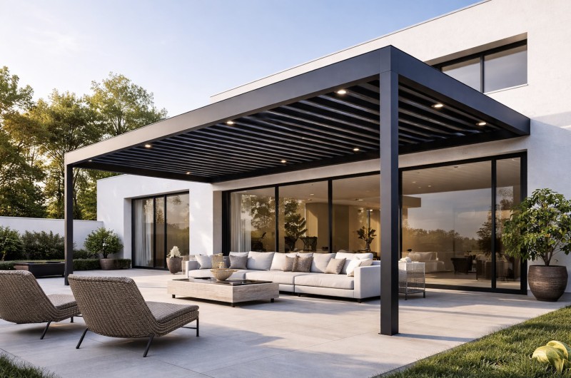 Installation d'une pergola bioclimatique grise anthracite en aluminium Technal avec éclairage intégrée près de la Ciotat