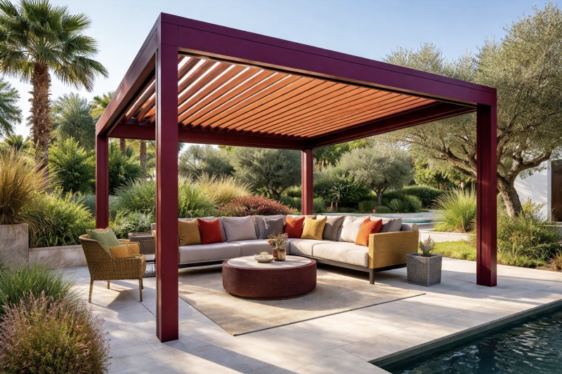 Couleur originale rouge EMPIRE pour cette pergolas Bioclimatique en aluminium Technal près de Bouc bel air